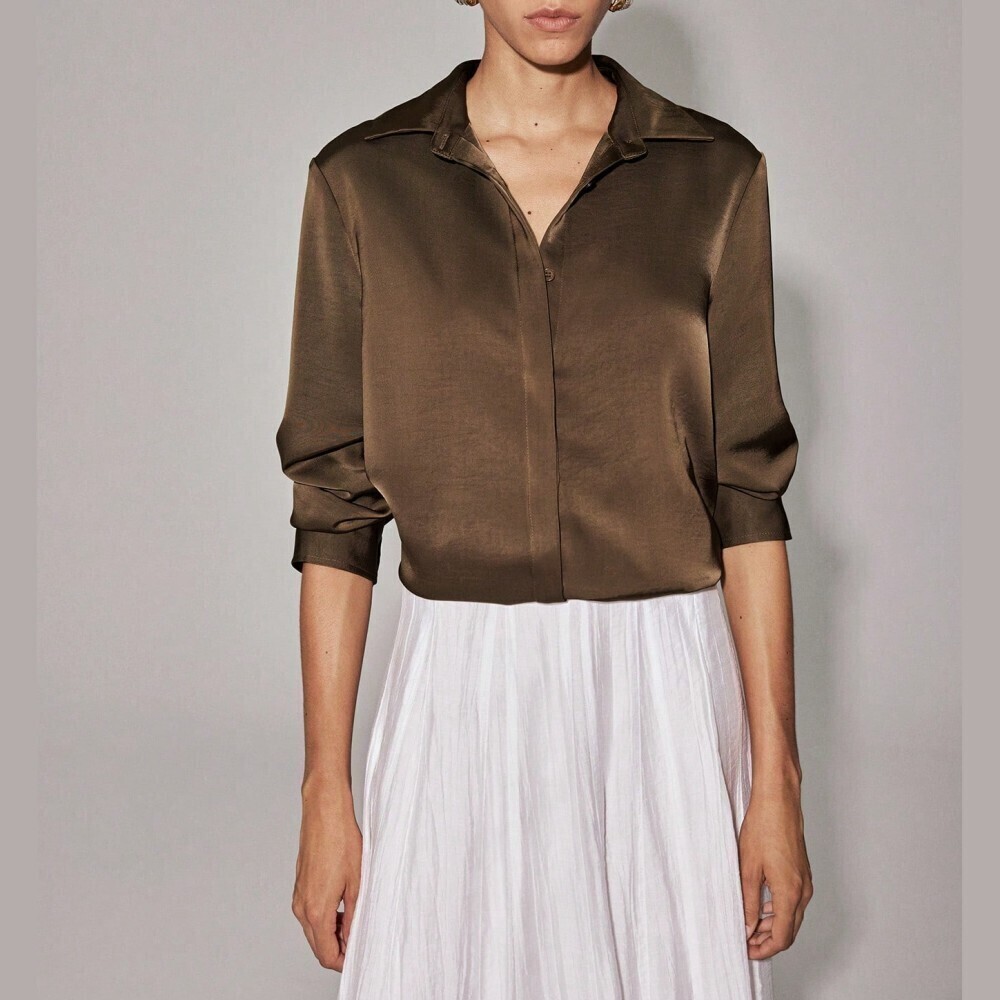 Olive Brown Satin Collared Button Front Loose Fit Blouse